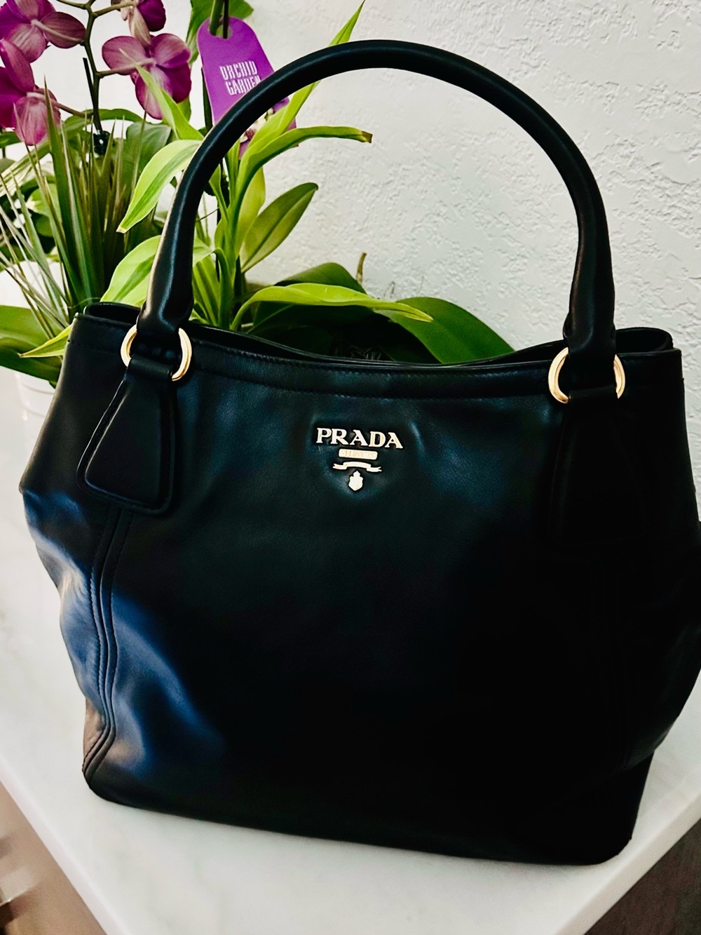 Prada Black Leather  Shoulder Bag with Gold Hardware